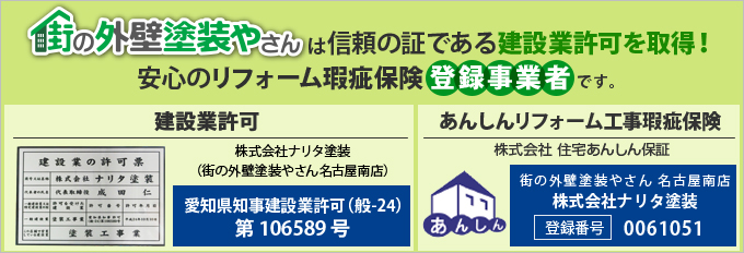 街の外壁塗装やさん名古屋南店は建設業許可取得業者です。リフォーム瑕疵保険にも登録しております。